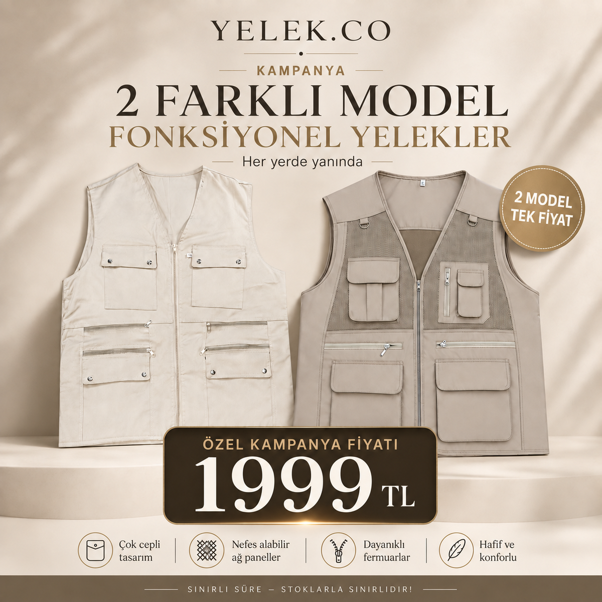 2’li Fonksiyonel Yelek Kampanyası – 4 Mevsim + Fileli Yelek