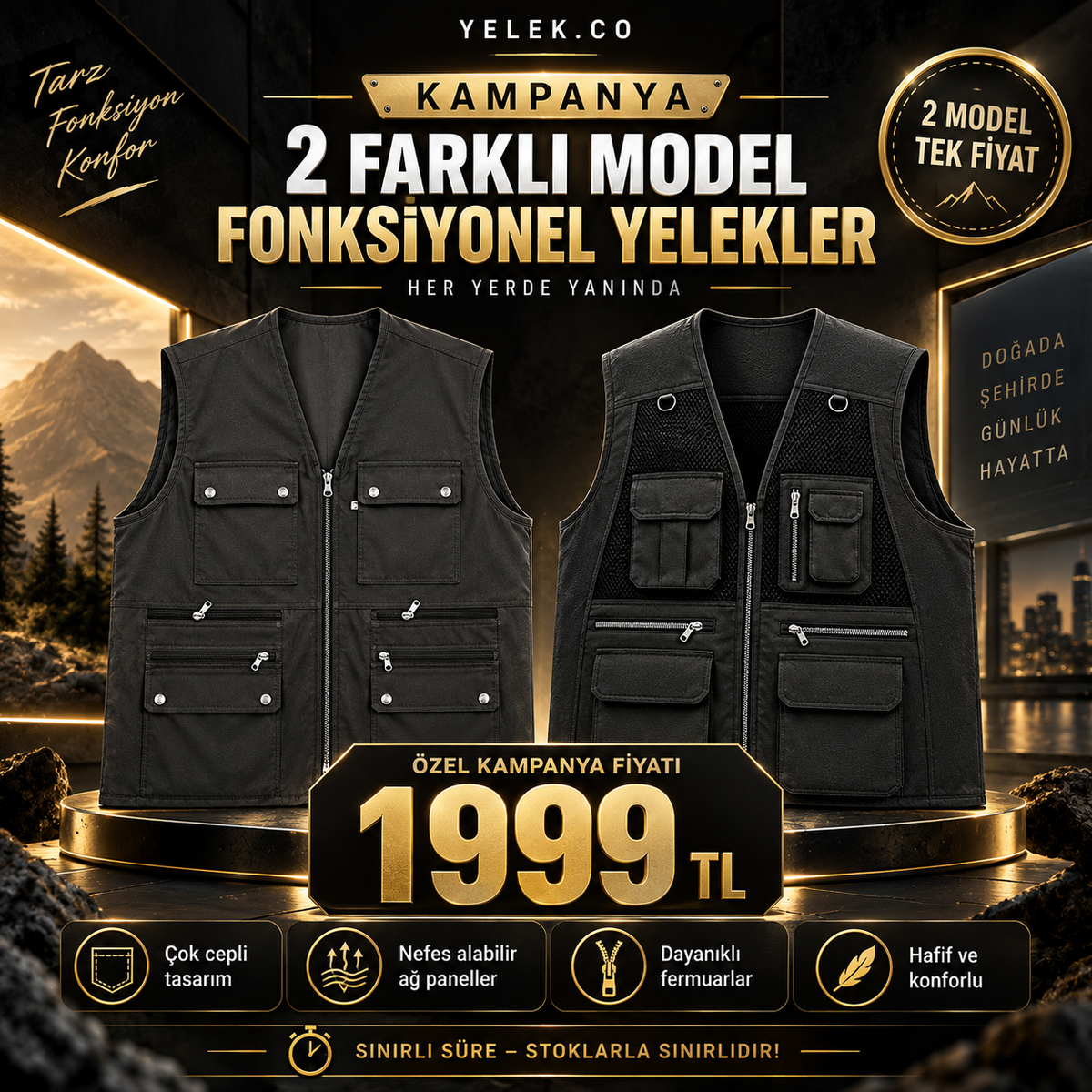 2’li Fonksiyonel Yelek Kampanyası – 4 Mevsim + Fileli Yelek