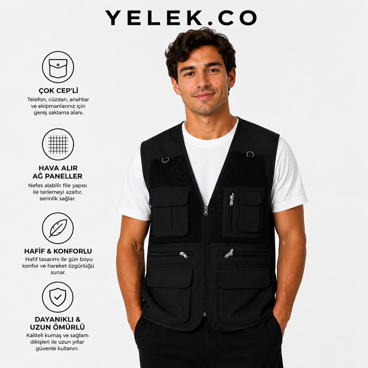 Erkek Outdoor Fileli Çok Cepli Yelek – 4 Mevsim
