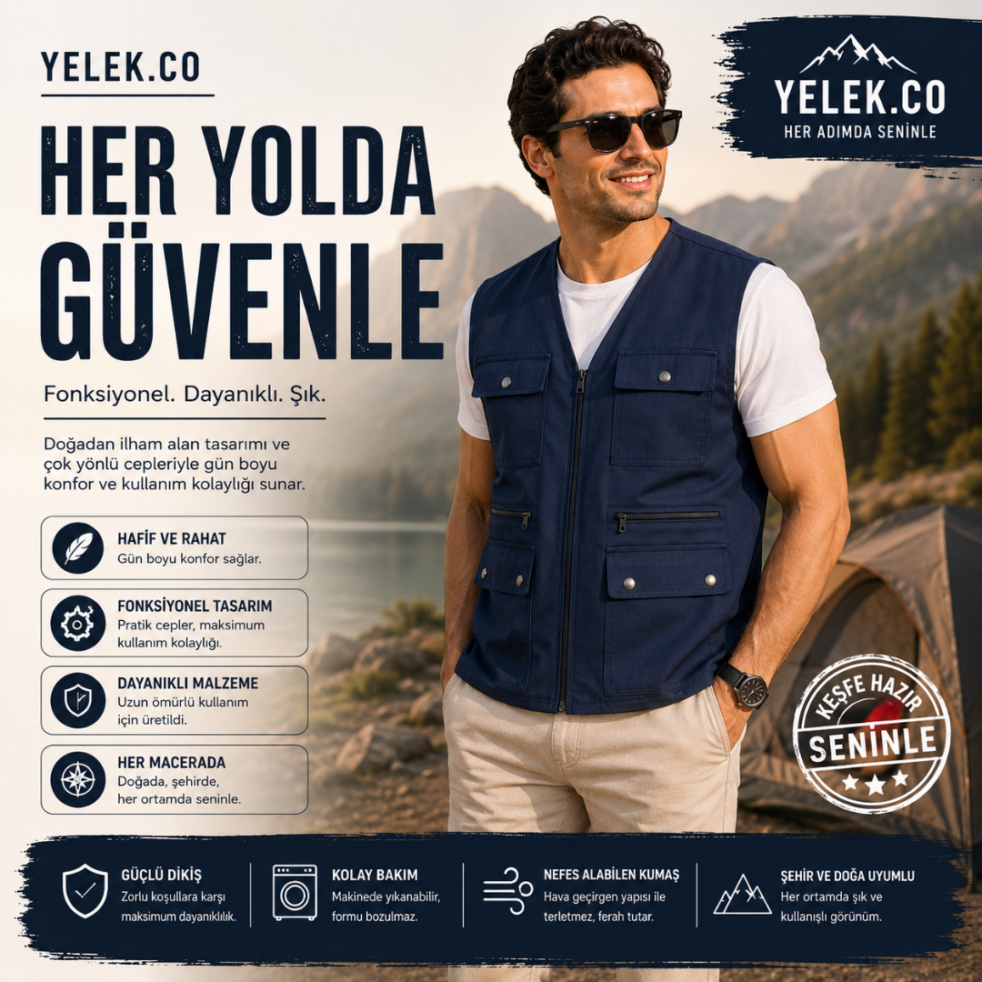 YELEK.CO  4 Mevsim Çok Cepli Erkek Yelek – Fonksiyonel ve Rahat Tasarım