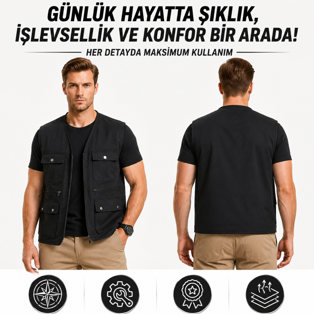 YELEK.CO  4 Mevsim Çok Cepli Erkek Yelek – Fonksiyonel ve Rahat Tasarım