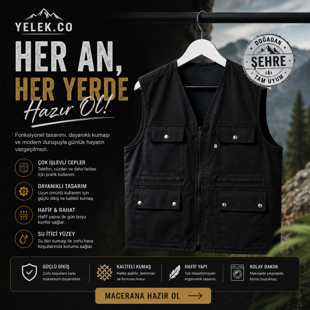 YELEK.CO  4 Mevsim Çok Cepli Erkek Yelek – Fonksiyonel ve Rahat Tasarım