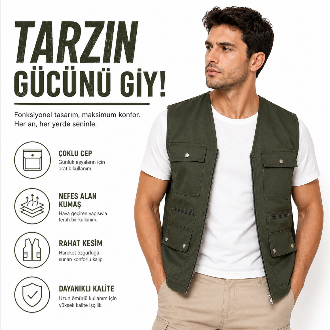 YELEK.CO  4 Mevsim Çok Cepli Erkek Yelek – Fonksiyonel ve Rahat Tasarım
